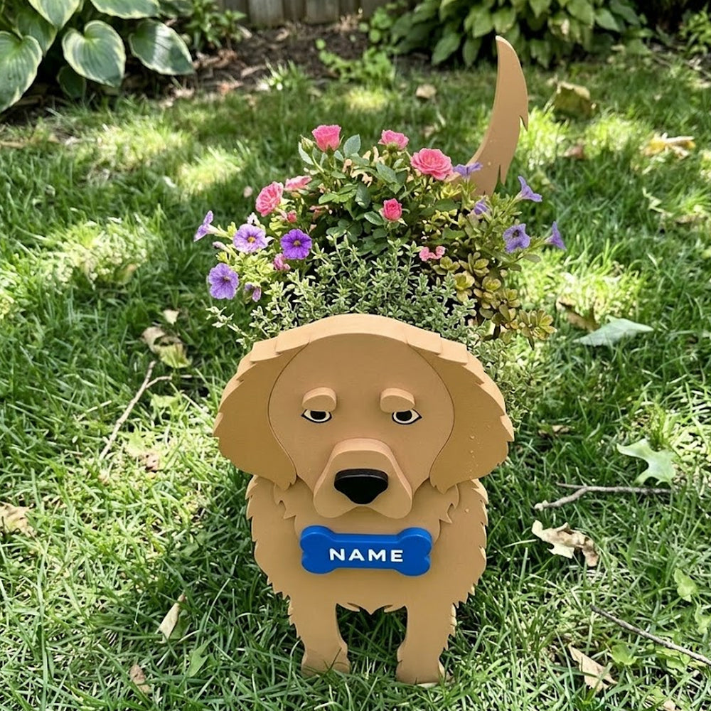 Golden Retriever dog planter filled with fresh flowers is placed in the garden