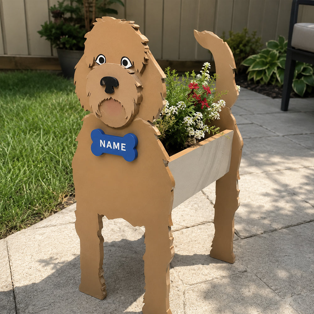 Golden Retriever dog planter filled with fresh flowers is placed in the garden