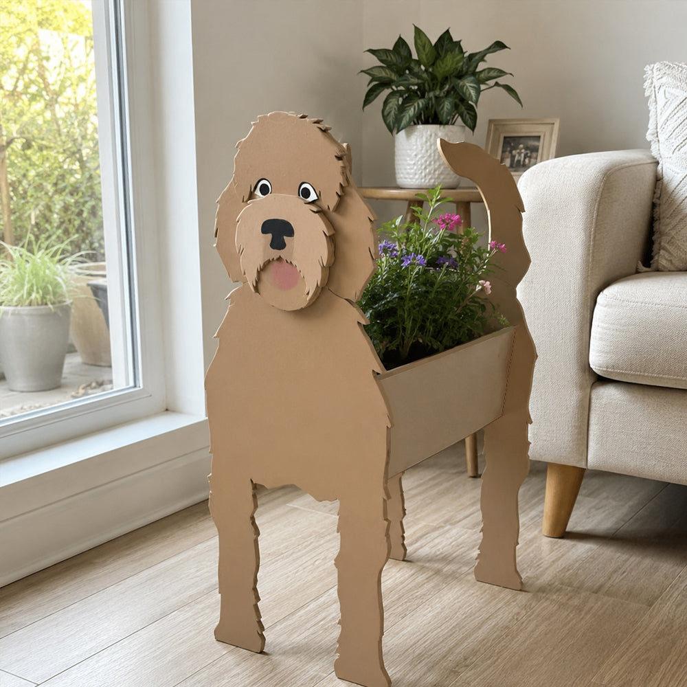Golden Retriever dog planter filled with fresh flowers is placed in the room