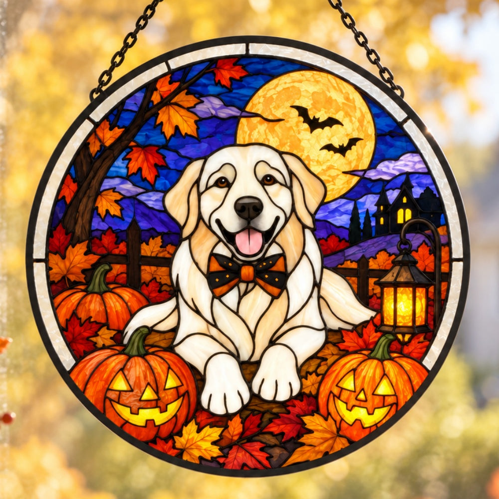 Golden Retriever Halloween stained glass suncatcher window hanging, suitable for home and garden decoration