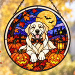 Golden Retriever Halloween stained glass suncatcher window hanging, suitable for home and garden decoration