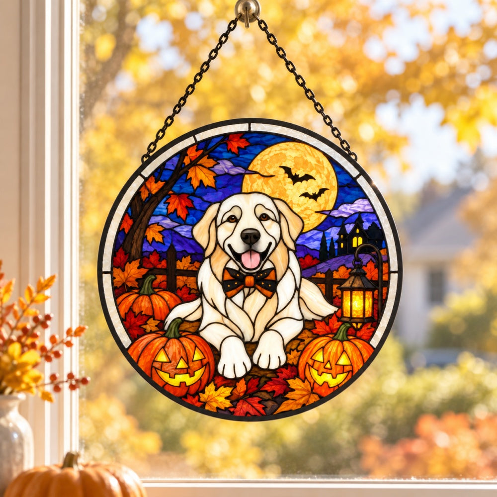 Golden Retriever Halloween stained glass suncatcher window hanging, suitable for home and garden decoration