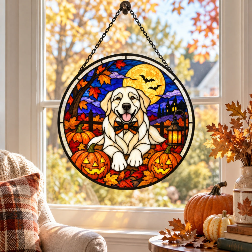 Golden Retriever Halloween stained glass suncatcher window hanging, suitable for home and garden decoration