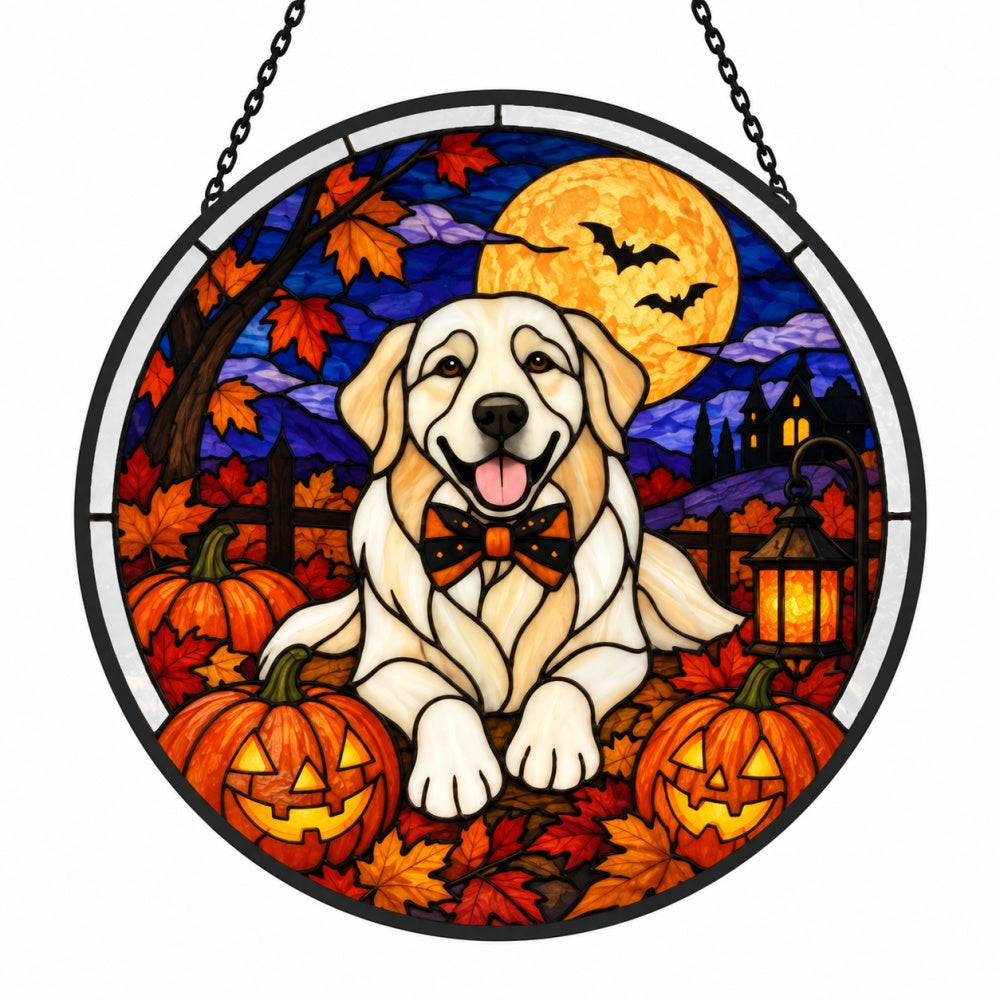 Golden Retriever Halloween stained glass suncatcher window hanging, suitable for home and garden decoration