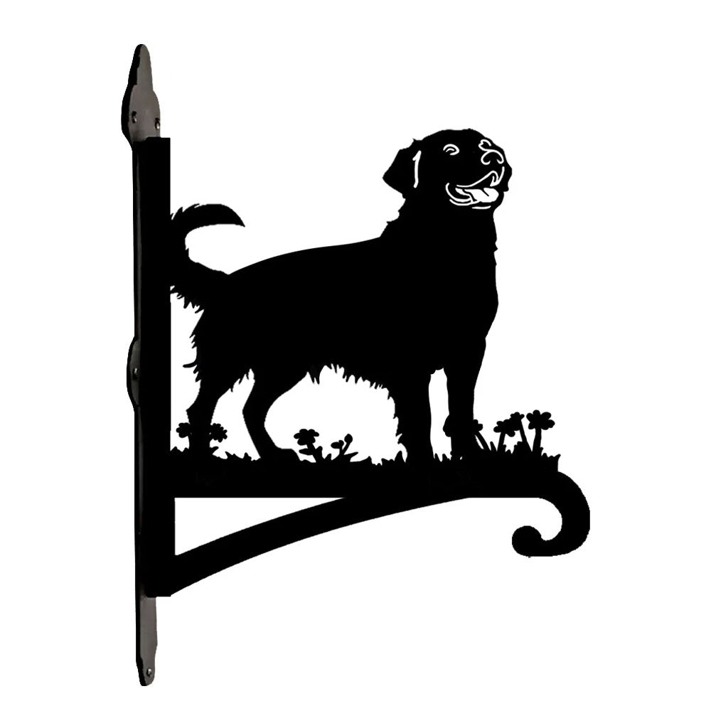 Golden retriever metal hanging basket bracket mounted on outdoor wall for plant decoration