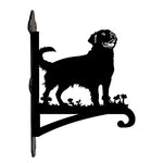Golden retriever metal hanging basket bracket mounted on outdoor wall for plant decoration