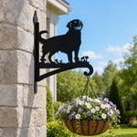 Golden retriever metal hanging basket bracket mounted on outdoor wall for plant decoration