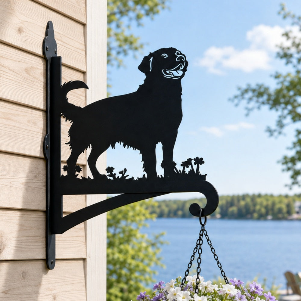 Golden retriever metal hanging basket bracket mounted on outdoor wall for plant decoration