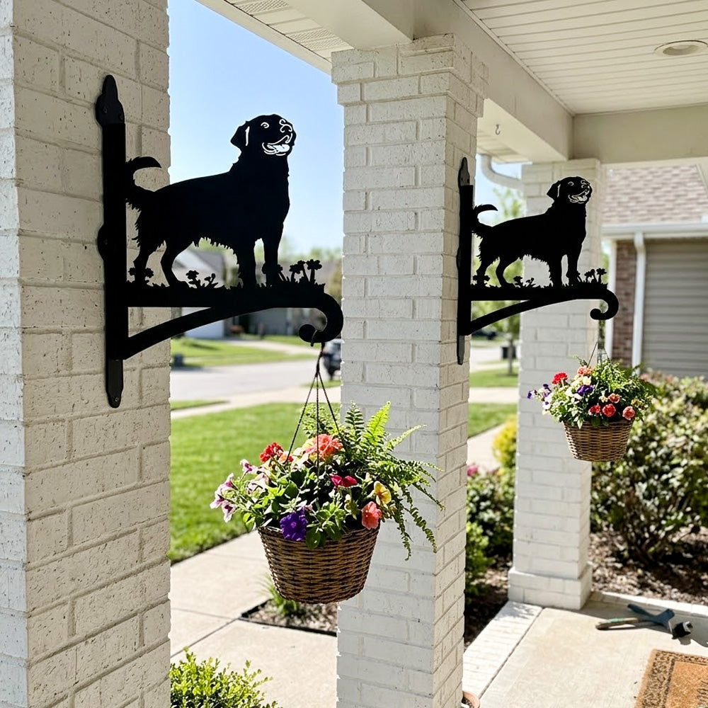 Golden retriever metal hanging basket bracket mounted on outdoor wall for plant decoration