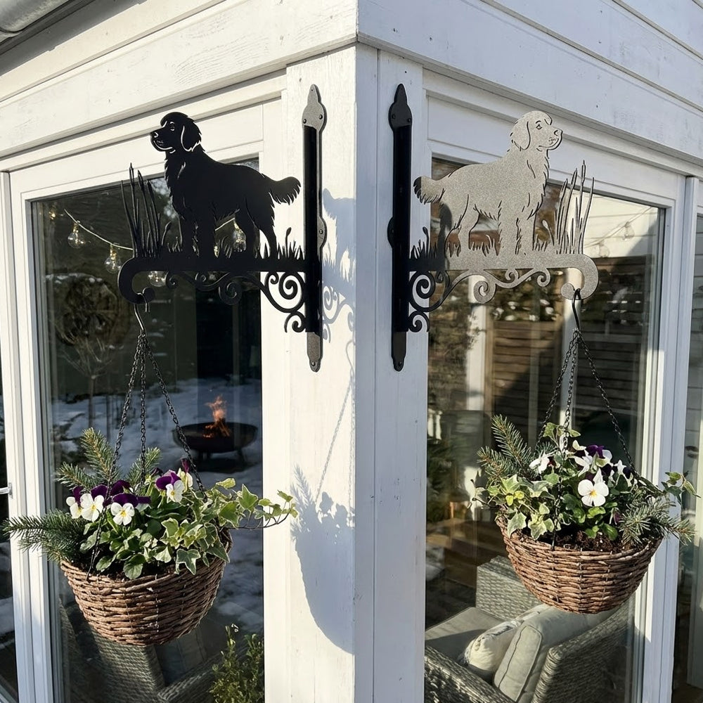 Golden retriever metal hanging basket bracket mounted on outdoor wall for plant decoration