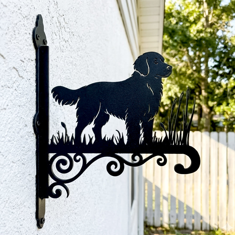 Golden retriever metal hanging basket bracket mounted on outdoor wall for plant decoration