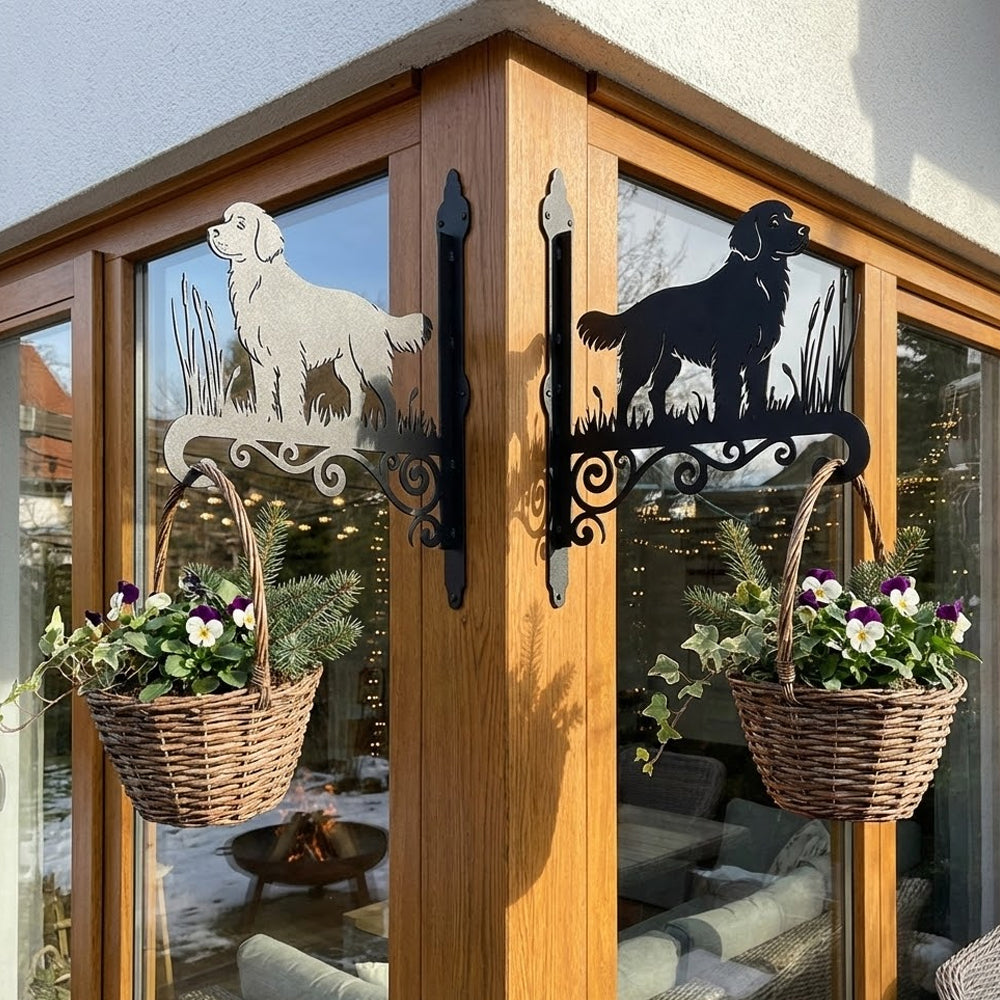 Golden retriever metal hanging basket bracket mounted on outdoor wall for plant decoration