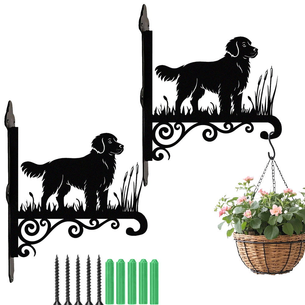 Golden retriever metal hanging basket bracket mounted on outdoor wall for plant decoration