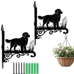 Golden retriever metal hanging basket bracket mounted on outdoor wall for plant decoration
