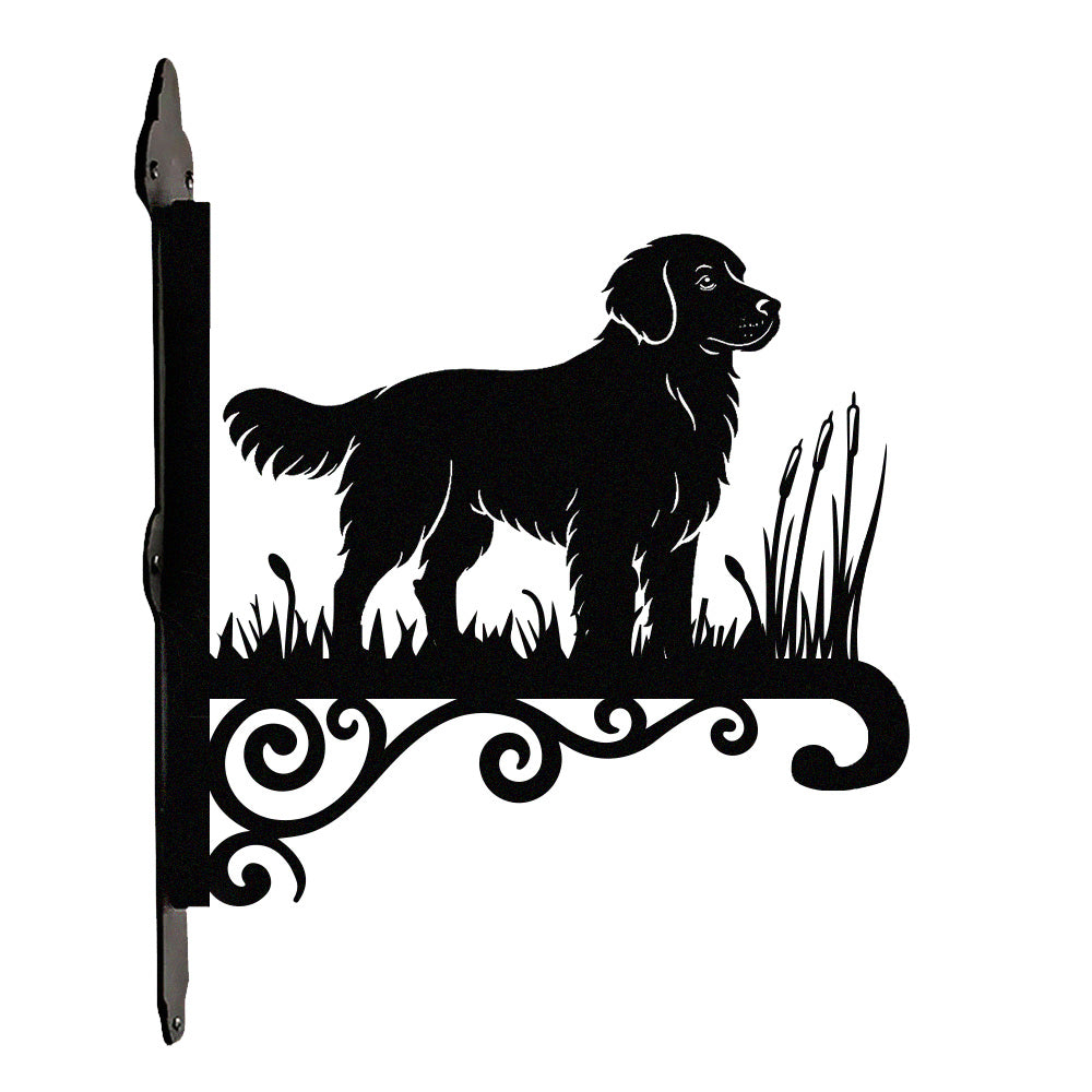 Golden retriever metal hanging basket bracket mounted on outdoor wall for plant decoration