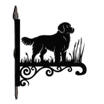 Golden retriever metal hanging basket bracket mounted on outdoor wall for plant decoration