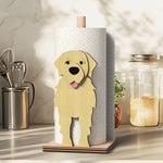 Golden Retriever Wooden Dog Paper Towel Holder displayed on a kitchen countertop with a freestanding paper towel roll