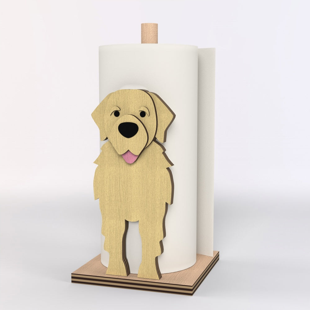 Golden Retriever Wooden Dog Paper Towel Holder displayed on a kitchen countertop with a freestanding paper towel roll