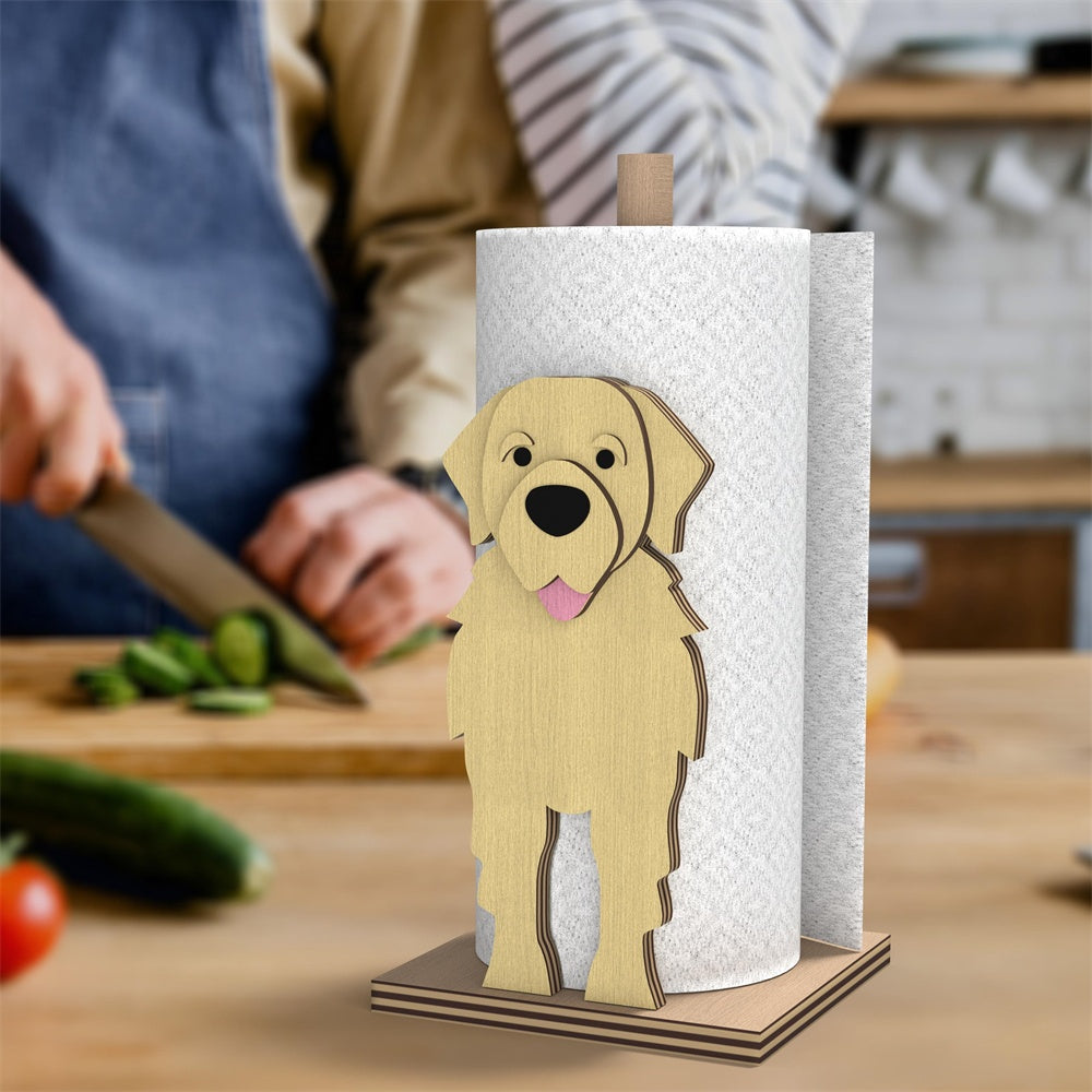 Golden Retriever Wooden Dog Paper Towel Holder displayed on a kitchen countertop with a freestanding paper towel roll