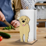 Golden Retriever Wooden Dog Paper Towel Holder displayed on a kitchen countertop with a freestanding paper towel roll
