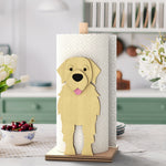 Golden Retriever Wooden Dog Paper Towel Holder displayed on a kitchen countertop with a freestanding paper towel roll