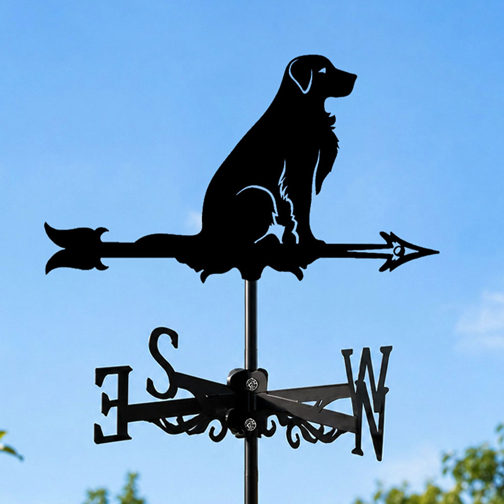 Golden Retriever metal weather vane with directional arrows and mounting rod, outdoor roof and garden decoration