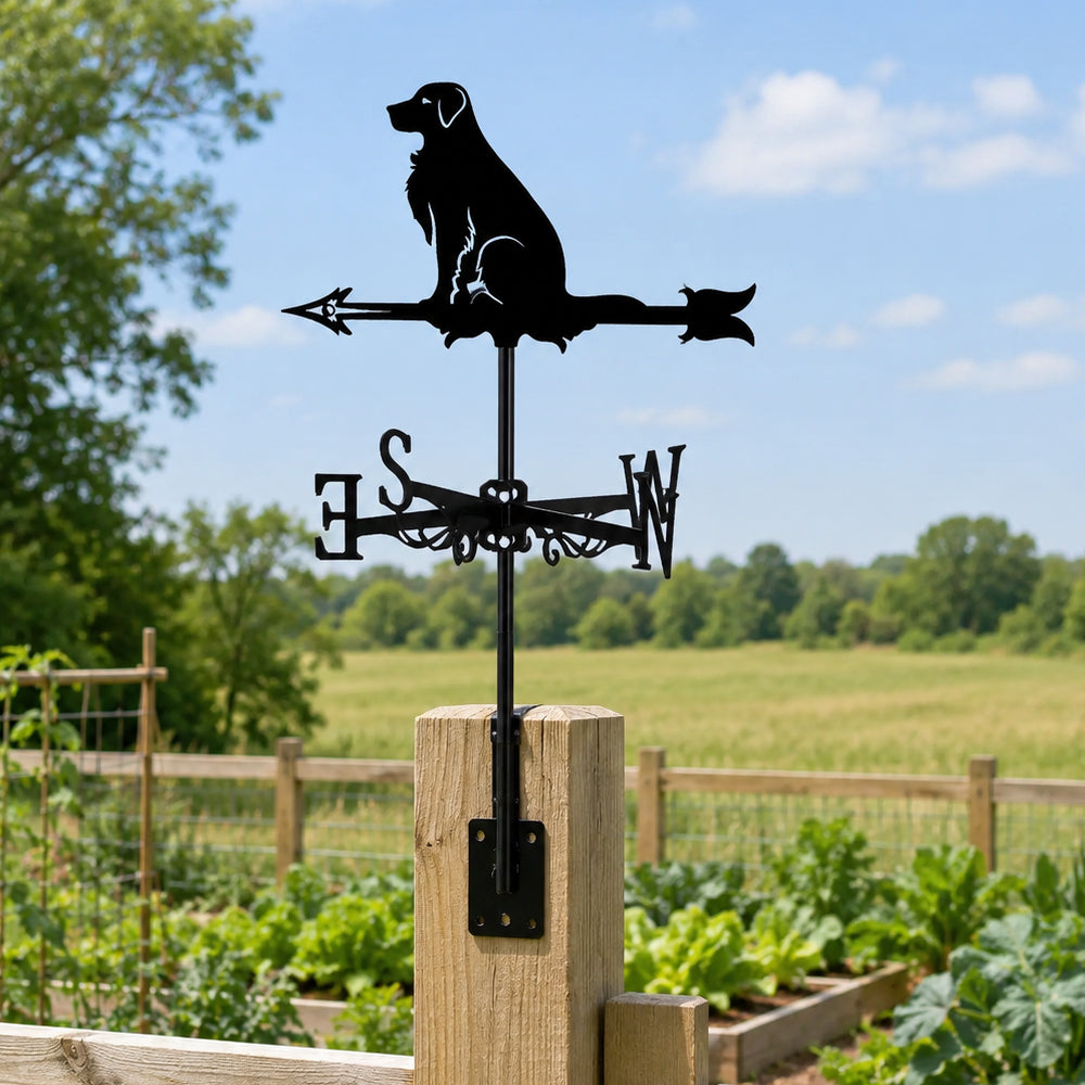 Golden Retriever metal weather vane with directional arrows and mounting rod, outdoor roof and garden decoration