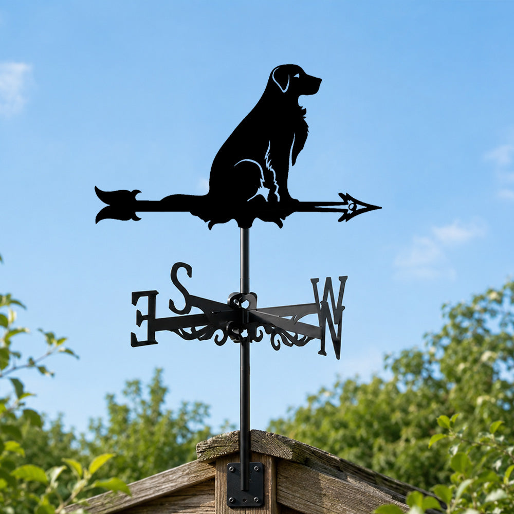 Golden Retriever metal weather vane with directional arrows and mounting rod, outdoor roof and garden decoration
