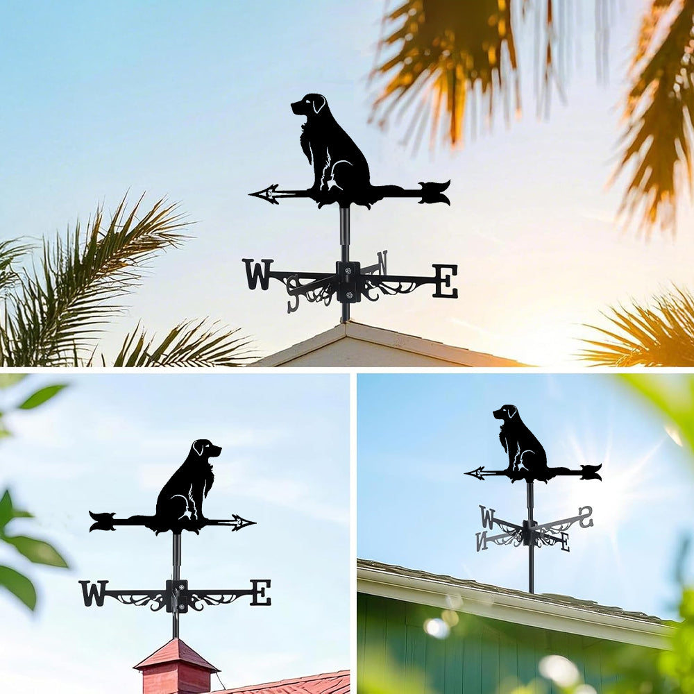 Golden Retriever metal weather vane with directional arrows and mounting rod, outdoor roof and garden decoration
