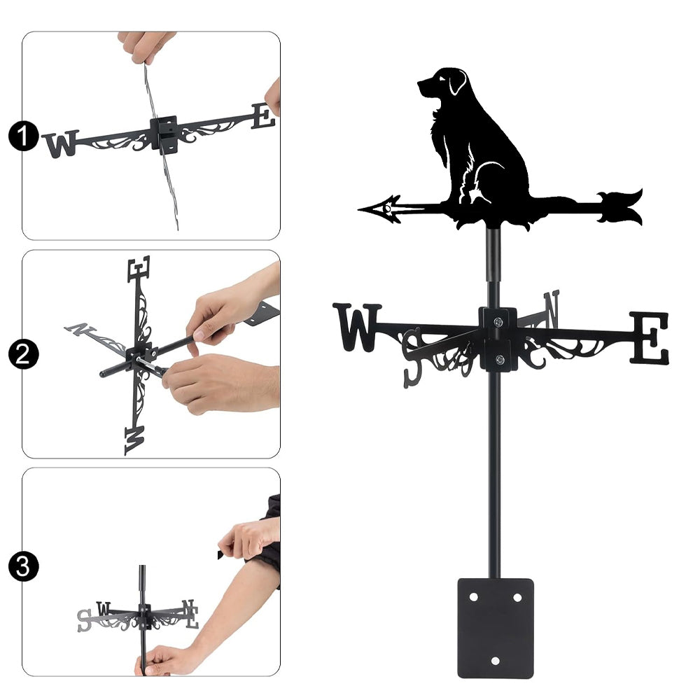 Golden Retriever metal weather vane with directional arrows and mounting rod, outdoor roof and garden decoration