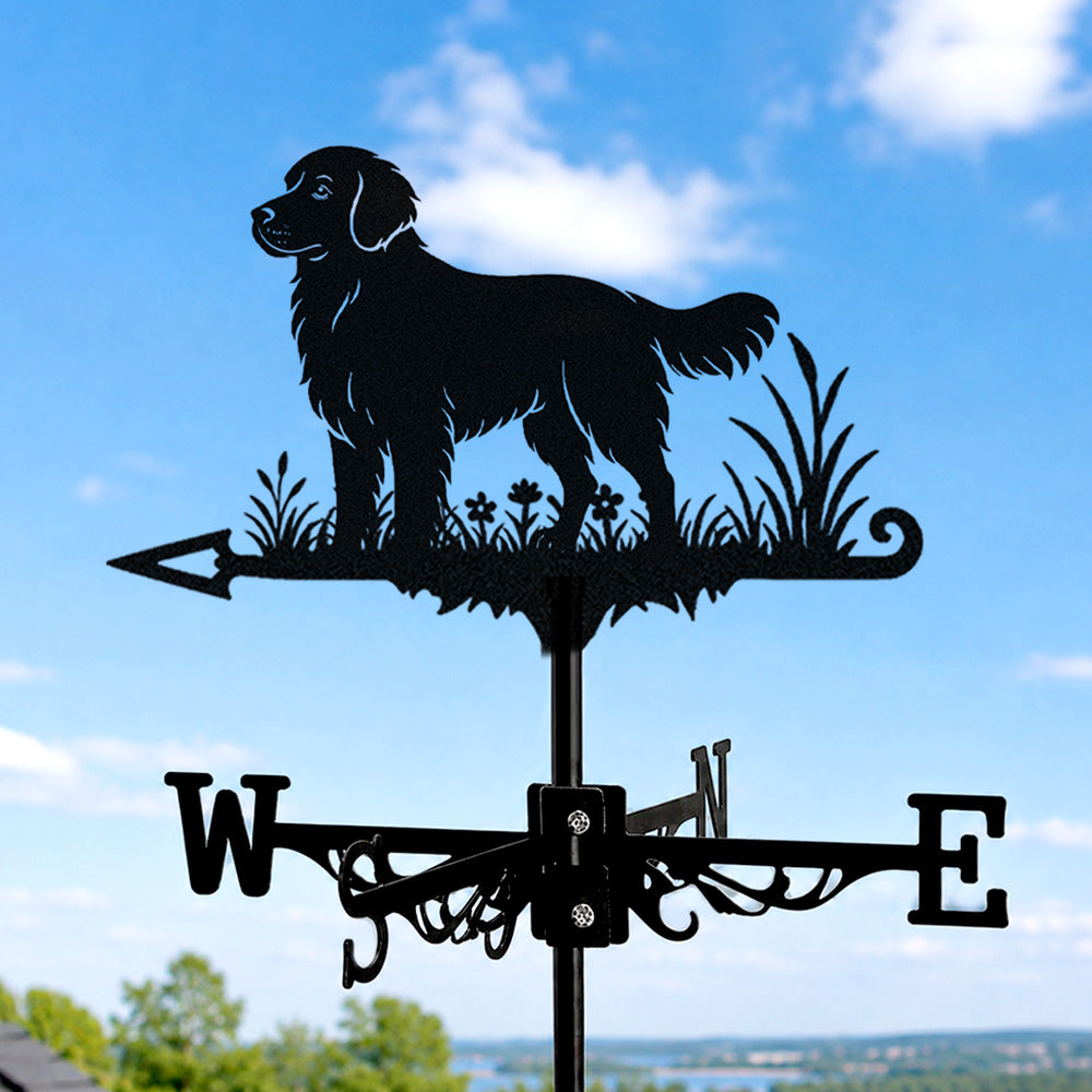 Golden Retriever metal weather vane with directional arrows and mounting rod, outdoor roof and garden decoration