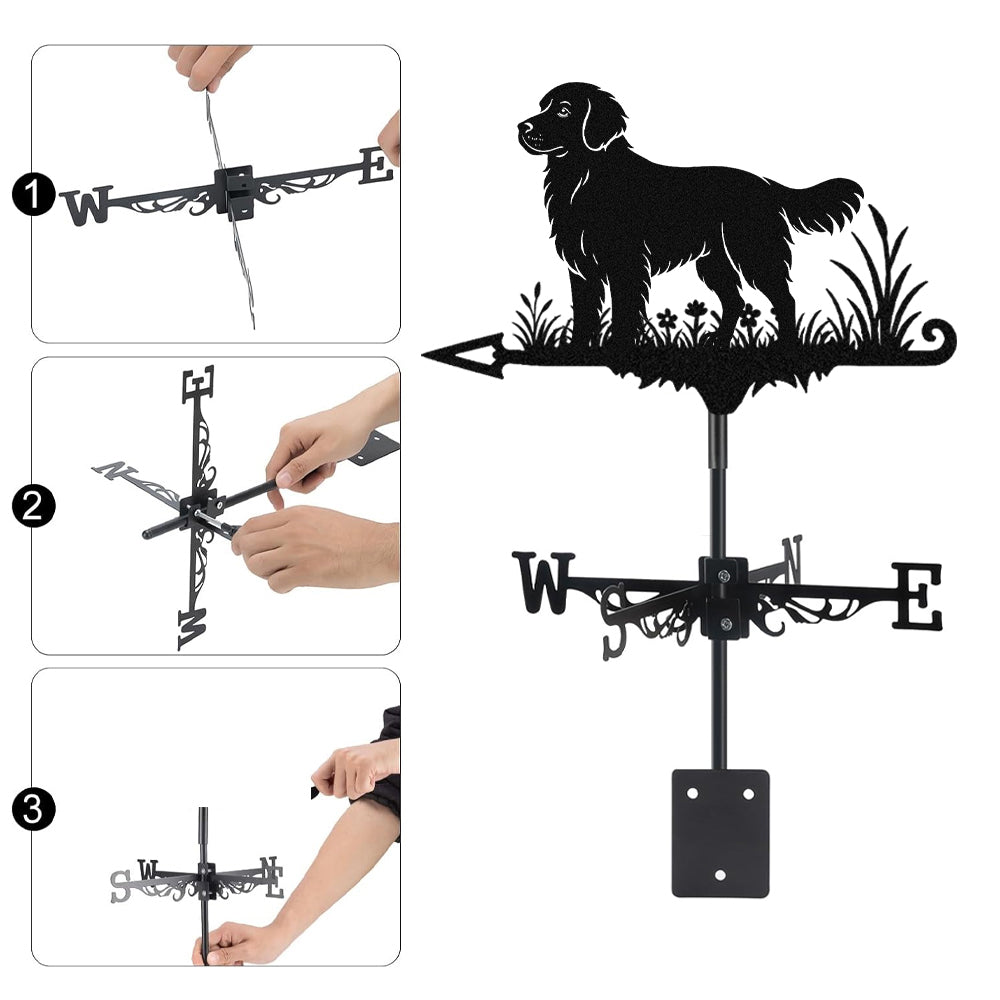 Golden Retriever metal weather vane with directional arrows and mounting rod, outdoor roof and garden decoration