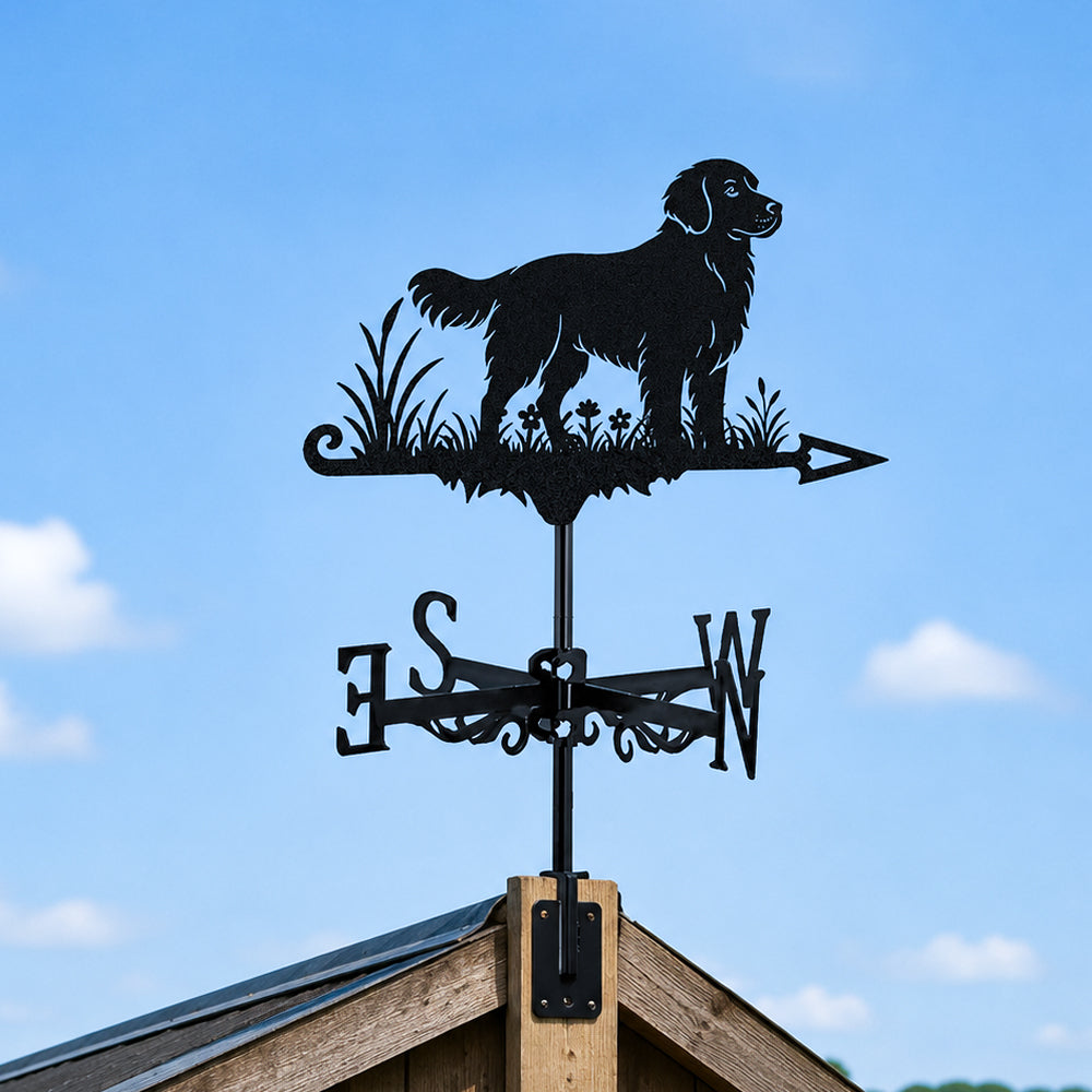 Golden Retriever metal weather vane with directional arrows and mounting rod, outdoor roof and garden decoration