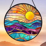 Golden sunburst mountain ocean stained glass suncatcher window hanging, suitable for home and garden decoration