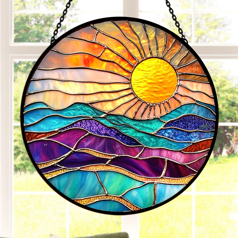Golden sunburst mountain ocean stained glass suncatcher window hanging, suitable for home and garden decoration