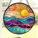 Golden sunburst mountain ocean stained glass suncatcher window hanging, suitable for home and garden decoration