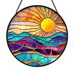 Golden sunburst mountain ocean stained glass suncatcher window hanging, suitable for home and garden decoration