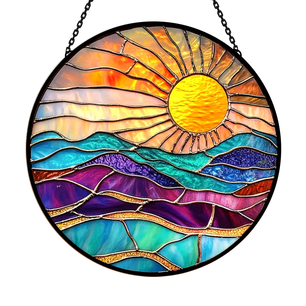 Golden sunburst mountain ocean stained glass suncatcher window hanging, suitable for home and garden decoration