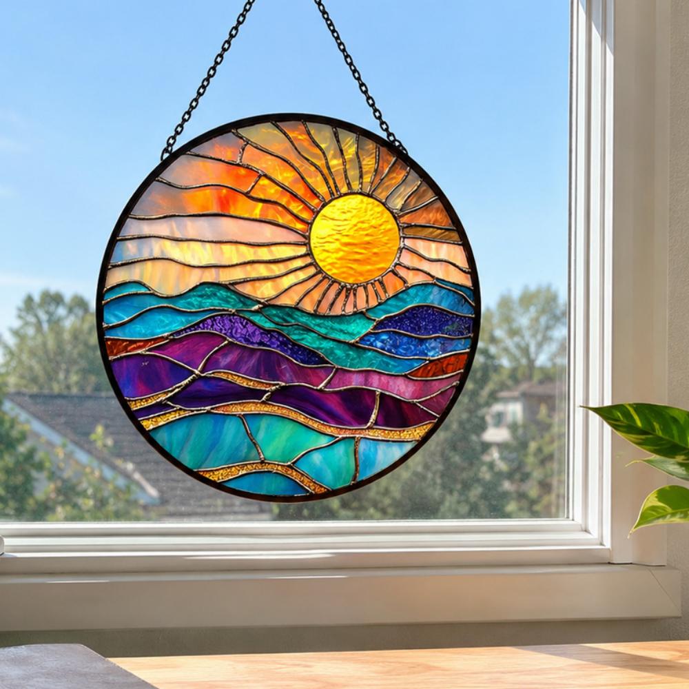 Golden sunburst mountain ocean stained glass suncatcher window hanging, suitable for home and garden decoration