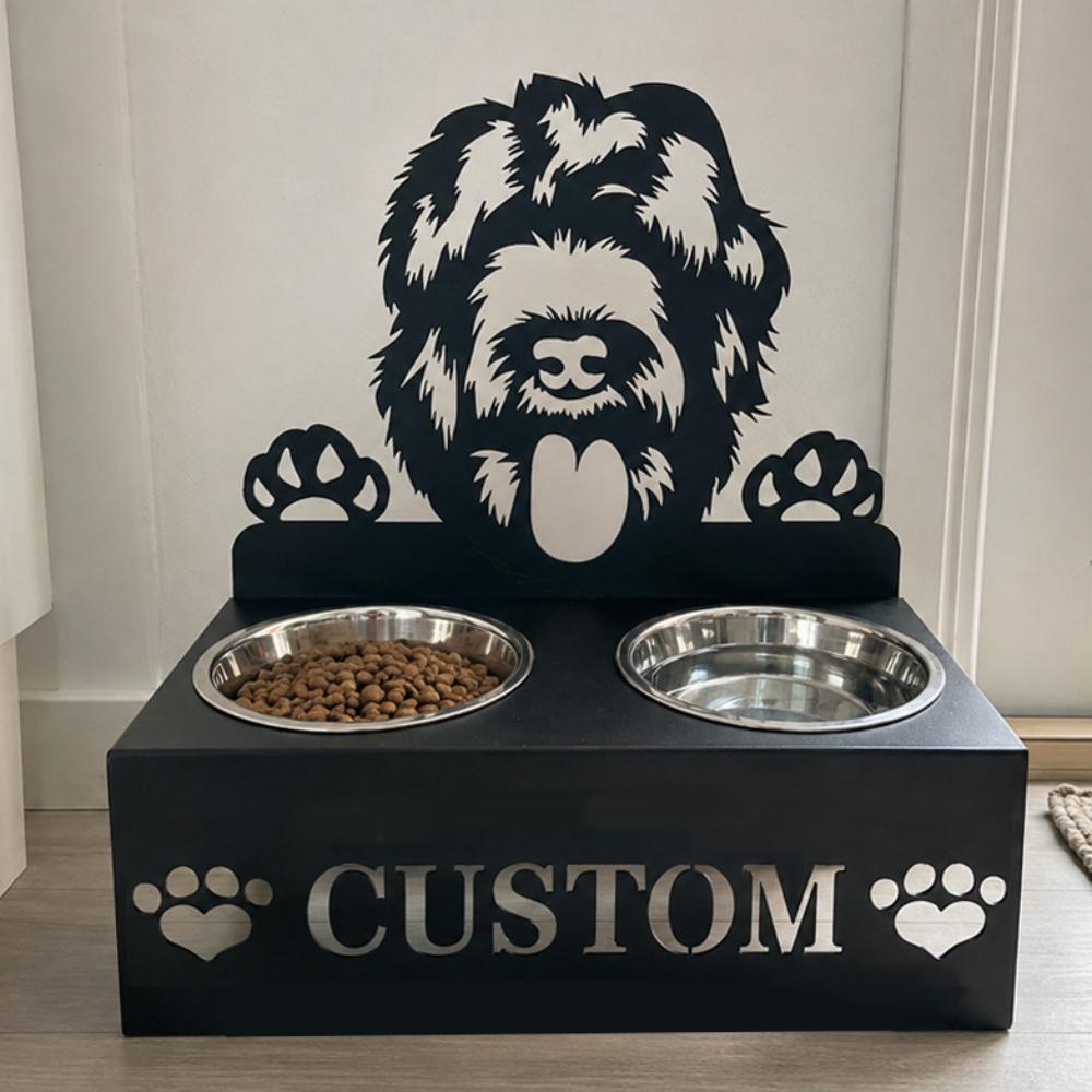 Personalized goldendoodle metal dog bowl stand with custom name cutout and two removable feeding bowls