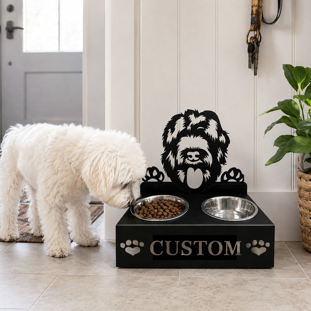 Personalized goldendoodle metal dog bowl stand with custom name cutout and two removable feeding bowls