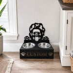 Personalized goldendoodle metal dog bowl stand with custom name cutout and two removable feeding bowls