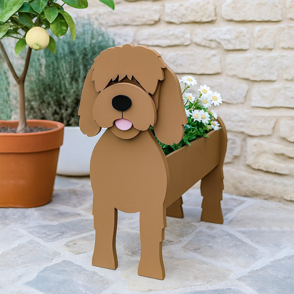 Goldendoodle dog planter filled with fresh flowers is placed in the garden