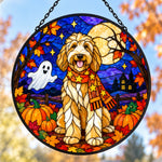 Goldendoodle Halloween stained glass suncatcher window hanging, suitable for home and garden decoration