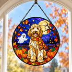 Goldendoodle Halloween stained glass suncatcher window hanging, suitable for home and garden decoration