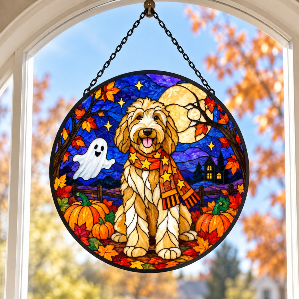 Goldendoodle Halloween stained glass suncatcher window hanging, suitable for home and garden decoration
