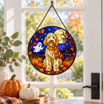 Goldendoodle Halloween stained glass suncatcher window hanging, suitable for home and garden decoration