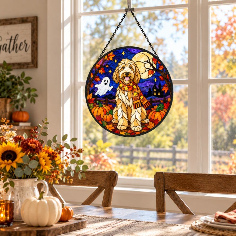 Goldendoodle Halloween stained glass suncatcher window hanging, suitable for home and garden decoration