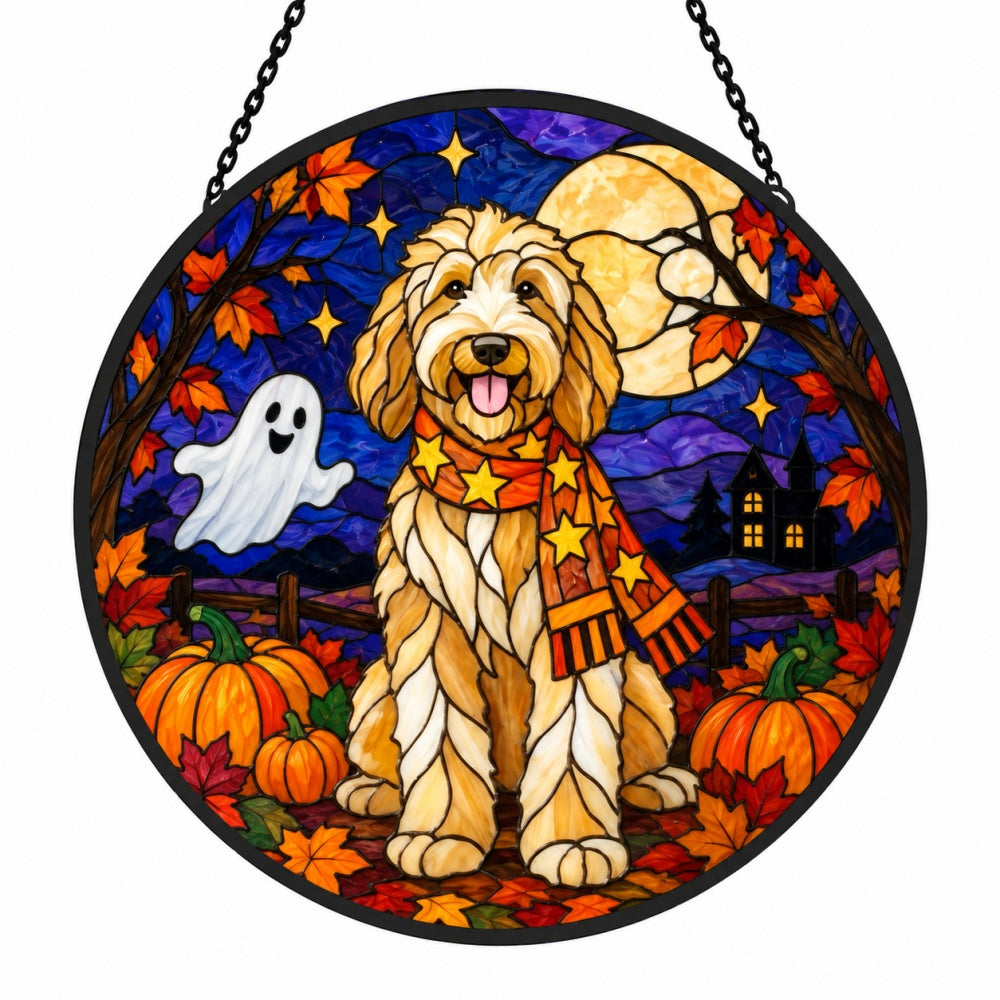 Goldendoodle Halloween stained glass suncatcher window hanging, suitable for home and garden decoration