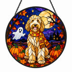 Goldendoodle Halloween stained glass suncatcher window hanging, suitable for home and garden decoration